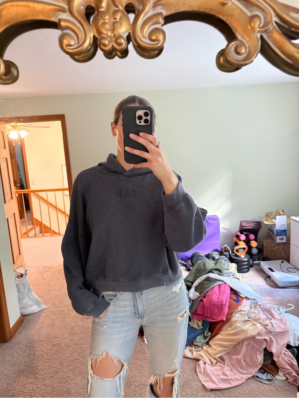 GAP Washed Navy Cropped Hoodie Sweater - Women